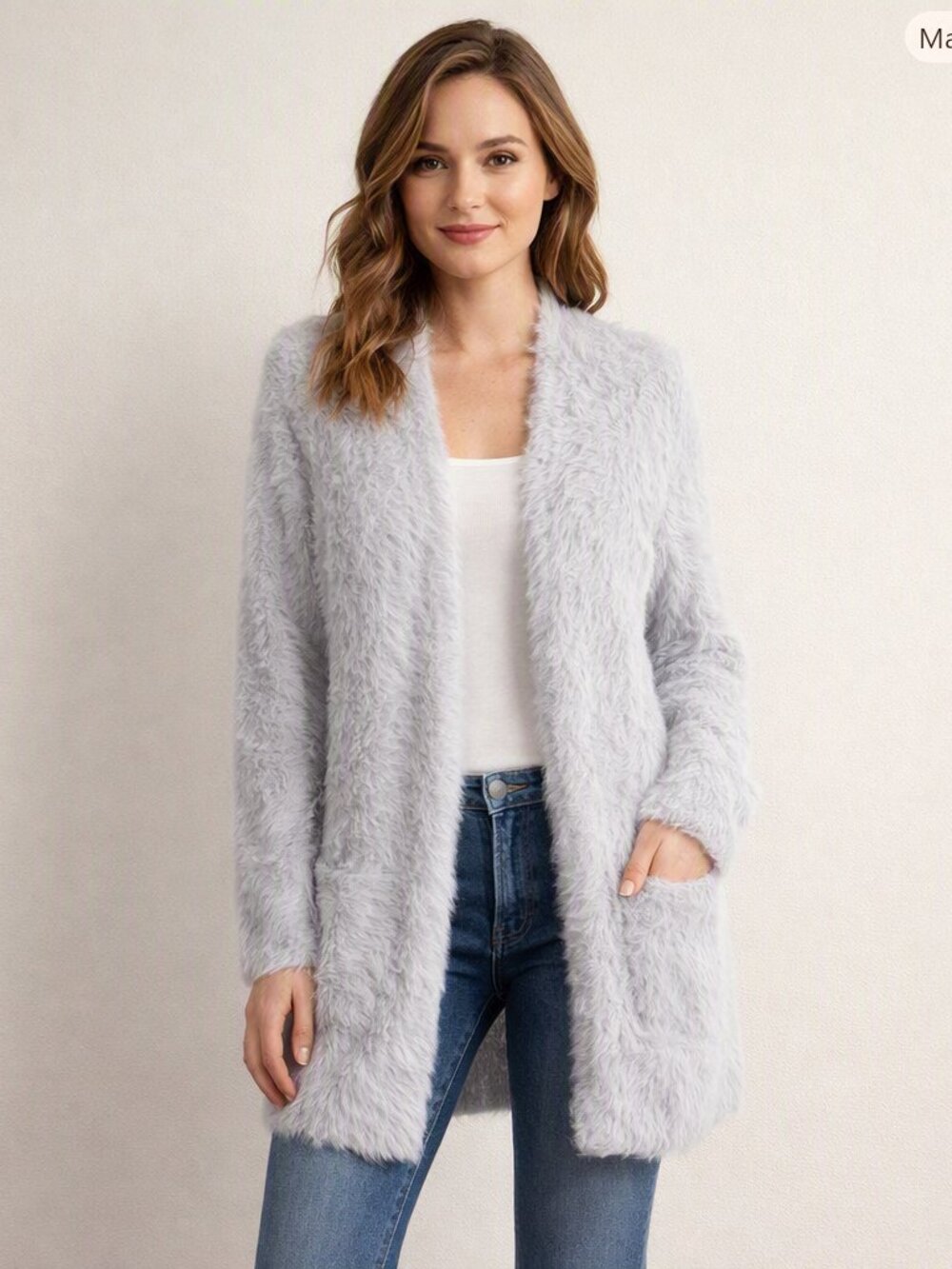 Free People Faux Fur Fuzzy Cardigan Sweater Silver Cloud Size XS